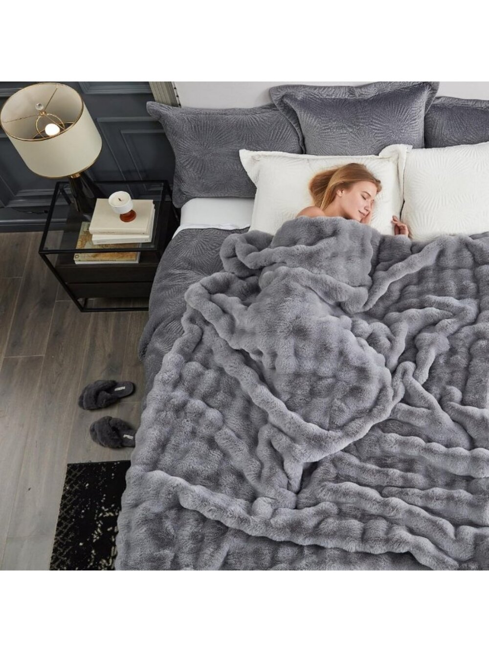 Cozy Faux Fur Throw Blanket, Queen Size 90"x90", Light Grey, Soft & Warm